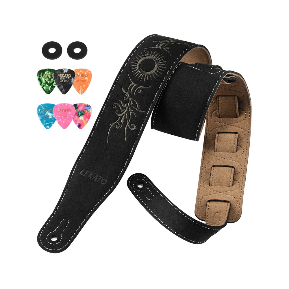 LEKATO LGS-10 2.5" Wide Suede Guitar Strap Set with 6 Picks 2 Locks
