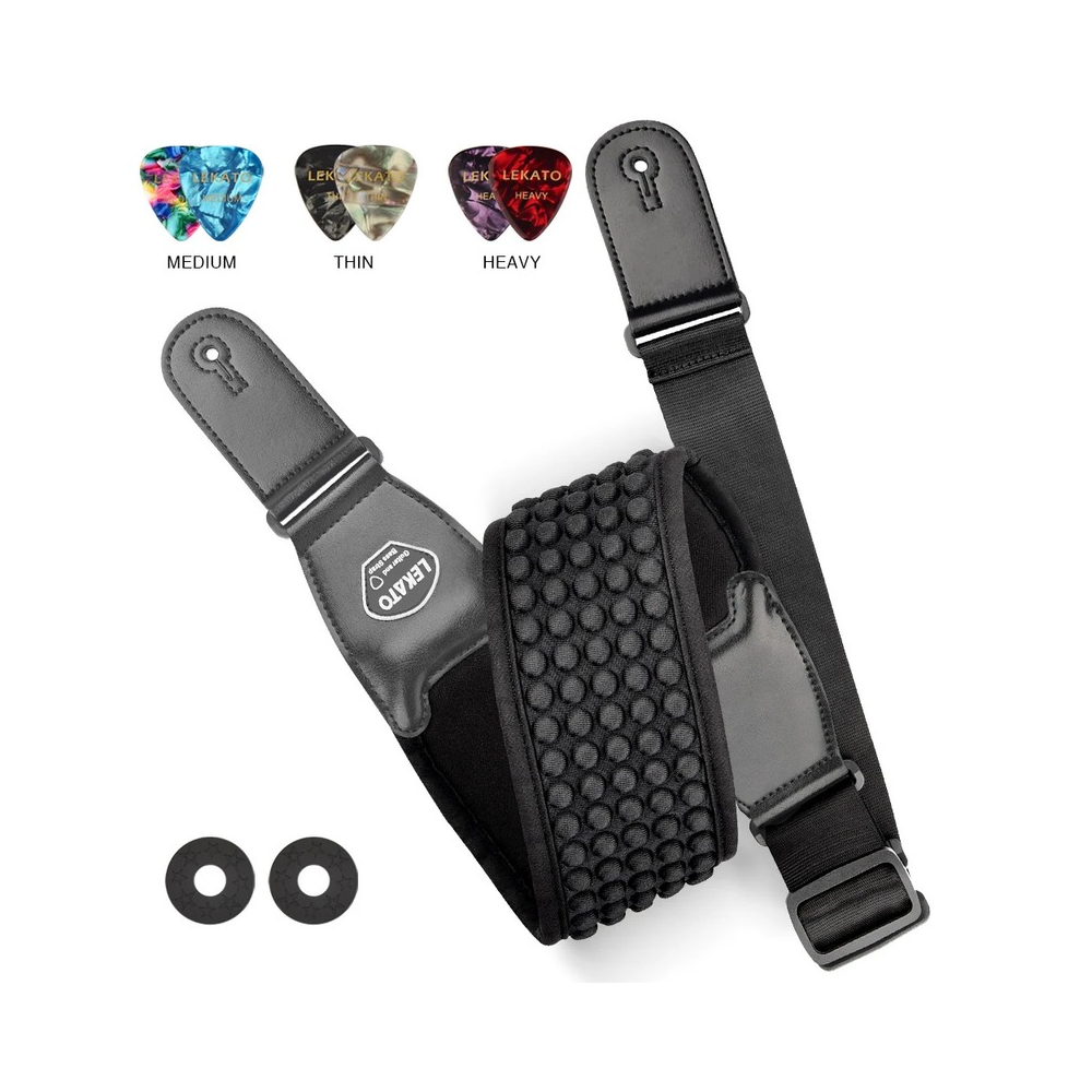 LEKATO LGS-1 5 Rows 3D Sponge 45"-55" Filling Guitar Strap Set w/ 6 Picks
